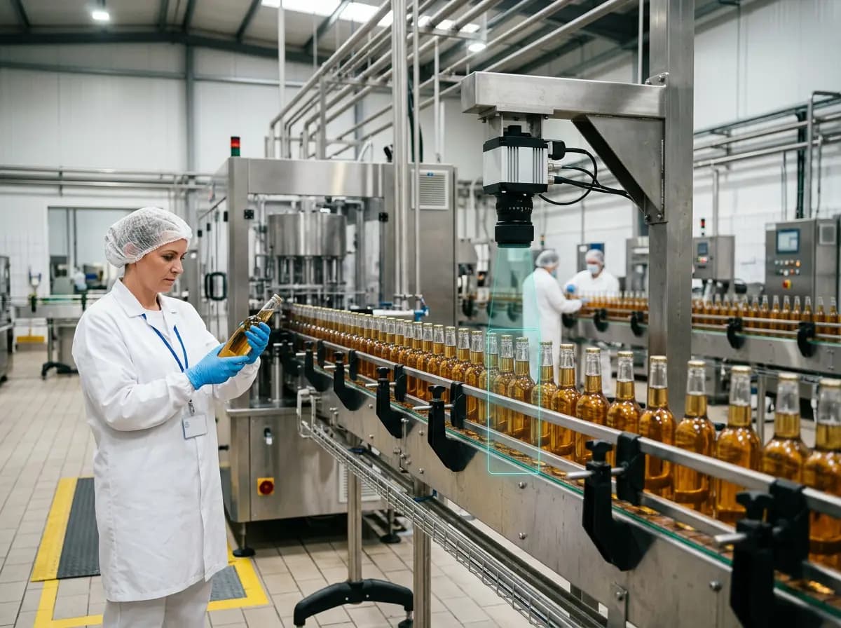 Línea de llenado de alimentos y bebidas en acero inoxidable con una técnica de calidad revisando el proceso