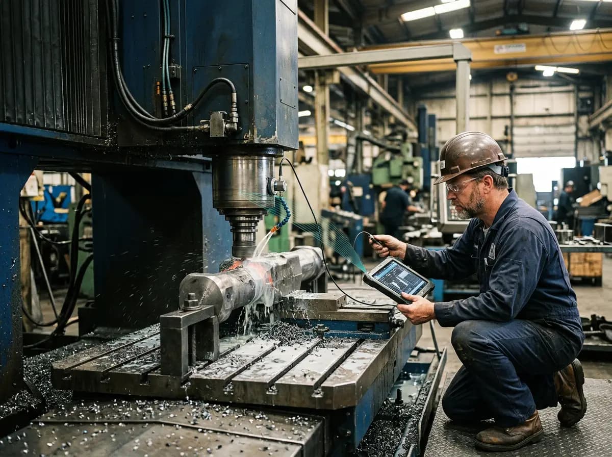 Técnico de mantenimiento revisando un centro de maquinado con el estado del activo resaltado