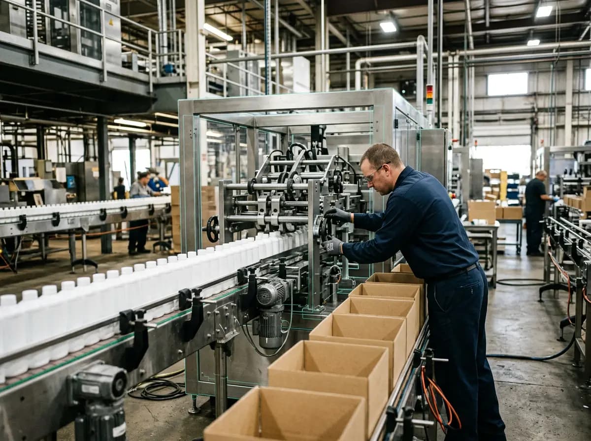 Línea de empaque de productos de consumo con cámara de inspección y flujo de producto resaltado