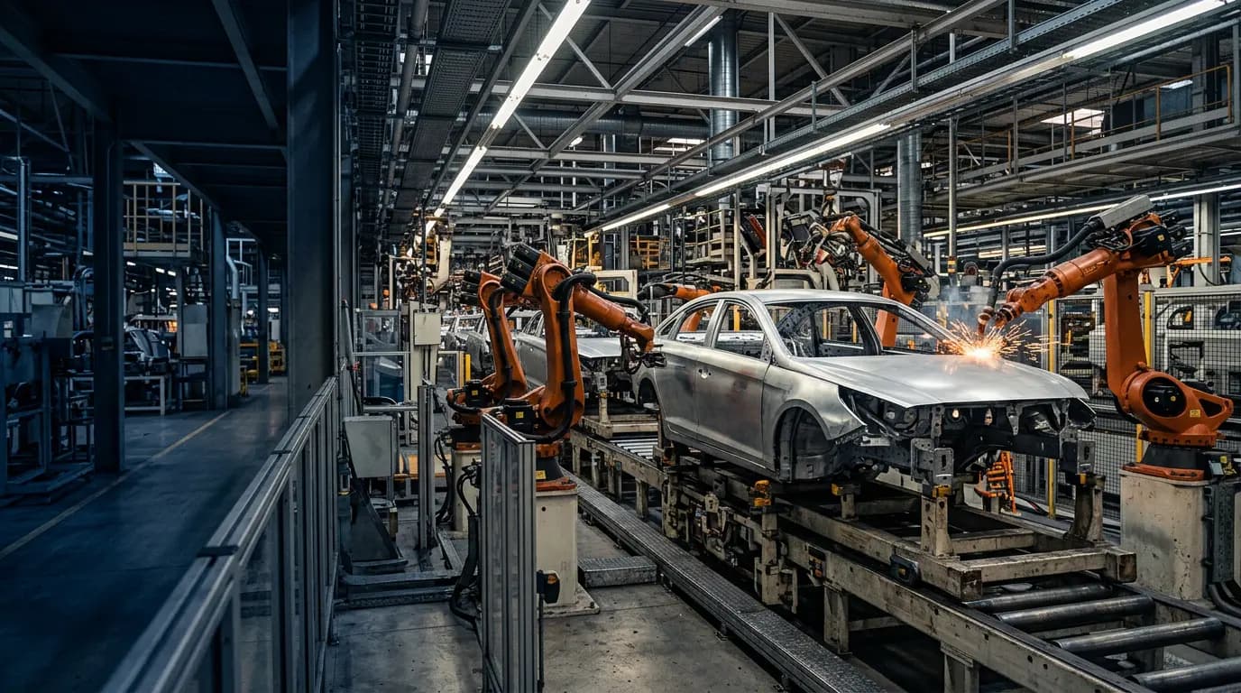 Carrocería automotriz en una línea Body in White rodeada de robots de soldadura