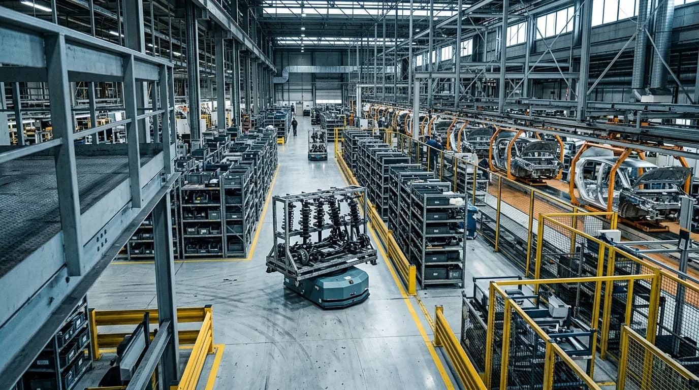AGV transportando un rack de componentes automotrices desde el supermercado hacia la línea