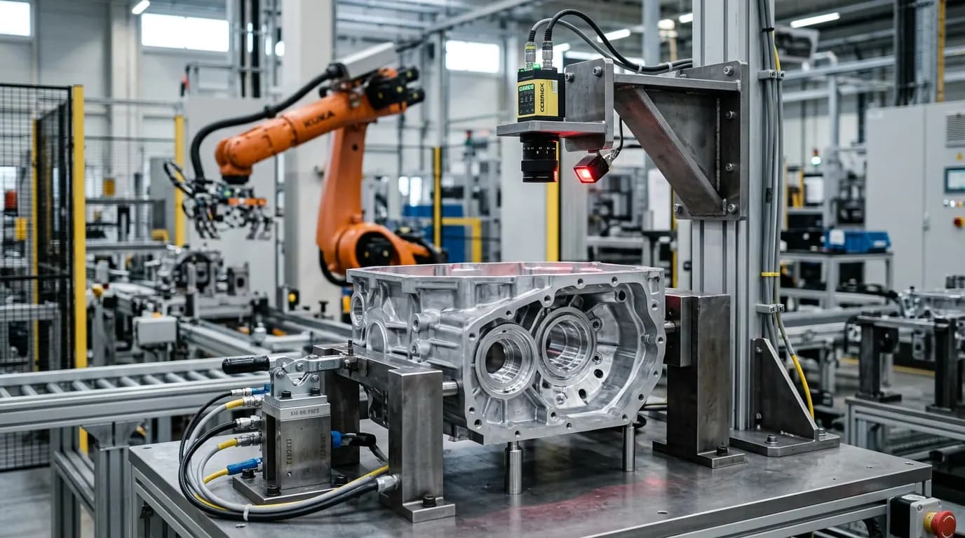 Cámara industrial inspeccionando una carcasa de transmisión automotriz sobre su fixture