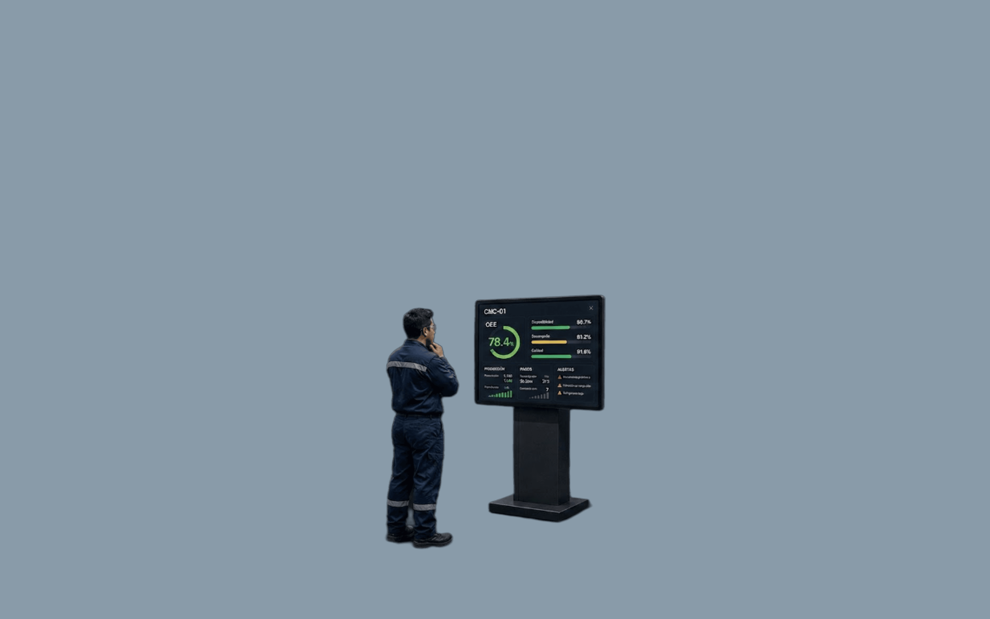 Operador consultando un primer dashboard IIoT para conocer el desempeño de una máquina CNC.