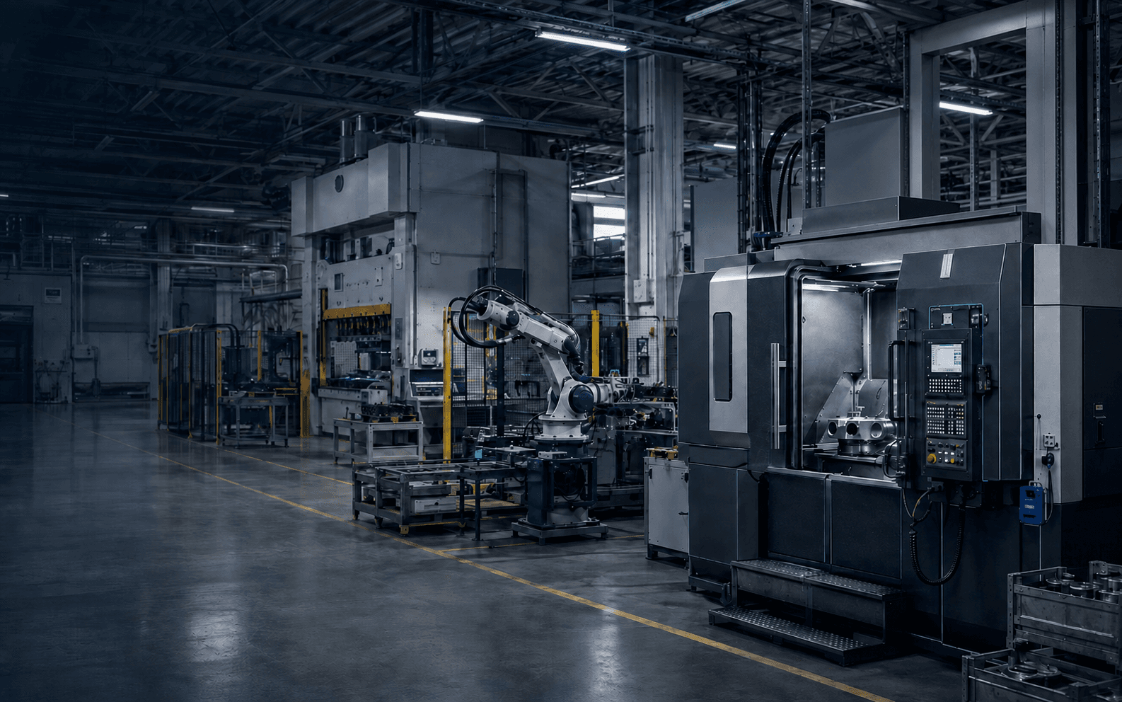 Vista general de una planta de manufactura con CNC, robot industrial, prensa y equipos de producción.