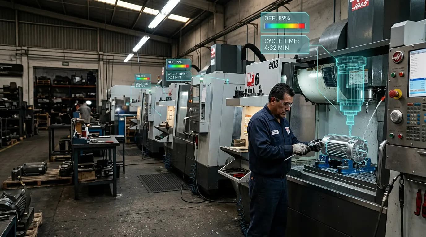Centros de maquinado CNC produciendo carcasas de motor con indicadores OEE superpuestos